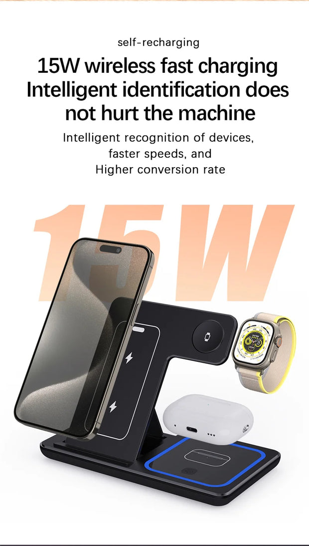 3 In 1 Foldable Wireless Charger Stand For iPhone 15 14 13 12 Pro Max P