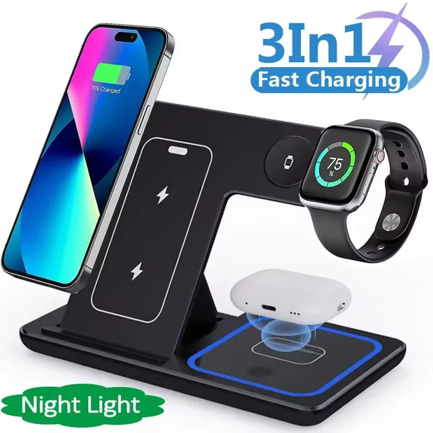 3 In 1 Foldable Wireless Charger Stand For iPhone 15 14 13 12 Pro Max P