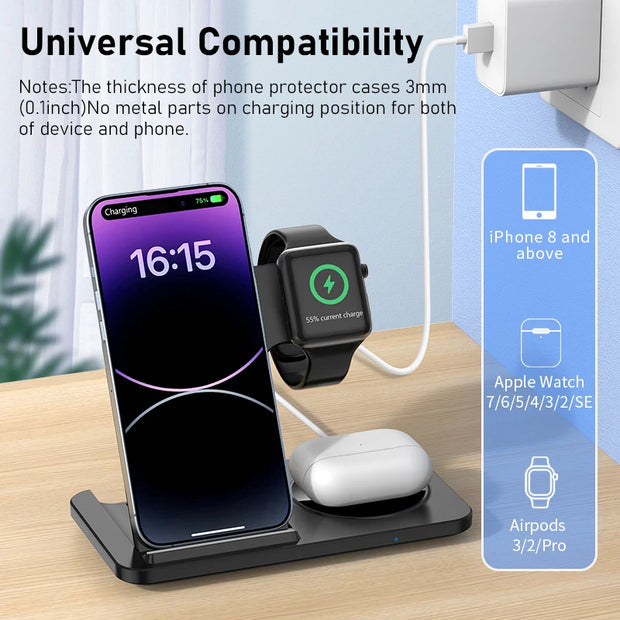 3 In 1 Foldable Wireless Charger Stand For iPhone 15 14 13 12 Pro Max P