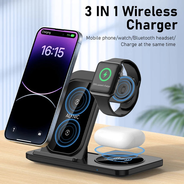 3 In 1 Foldable Wireless Charger Stand For iPhone 15 14 13 12 Pro Max P